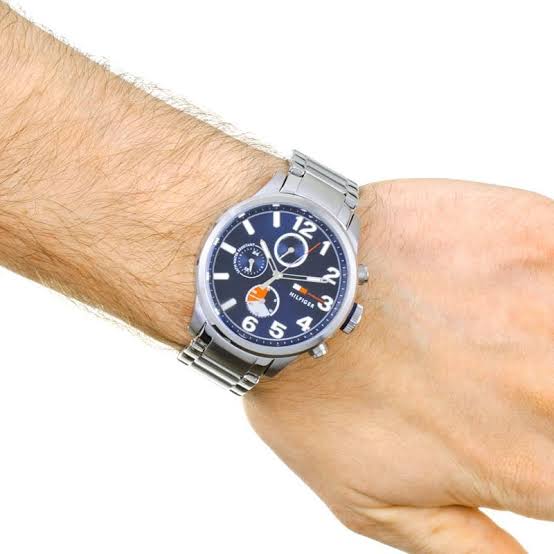 Tommy Hilfiger 1791242 chronograph watch worn on wrist with steel bracelet