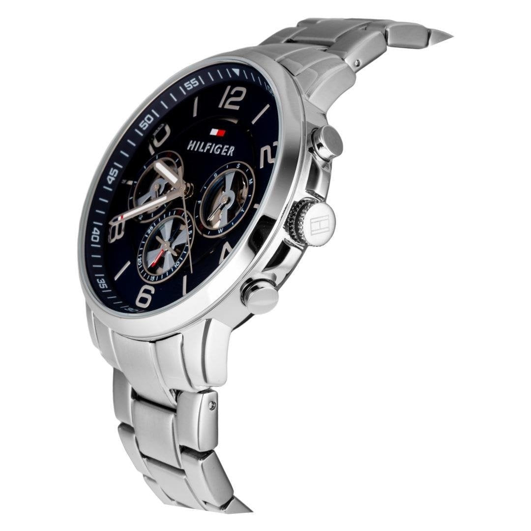 Side angle view of Tommy Hilfiger silver-tone chronograph watch with blue dial
