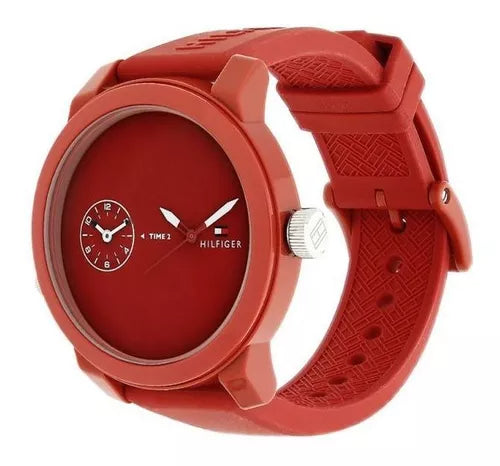 Tommy Hilfiger 1791323 watch angle view showing red case and textured rubber strap