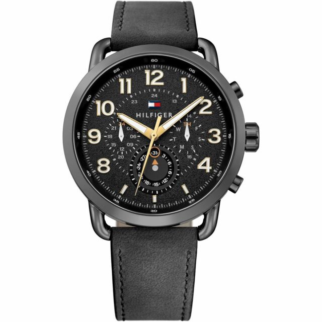 Tommy Hilfiger chronograph black dial men's watch with gunmetal case and black leather strap