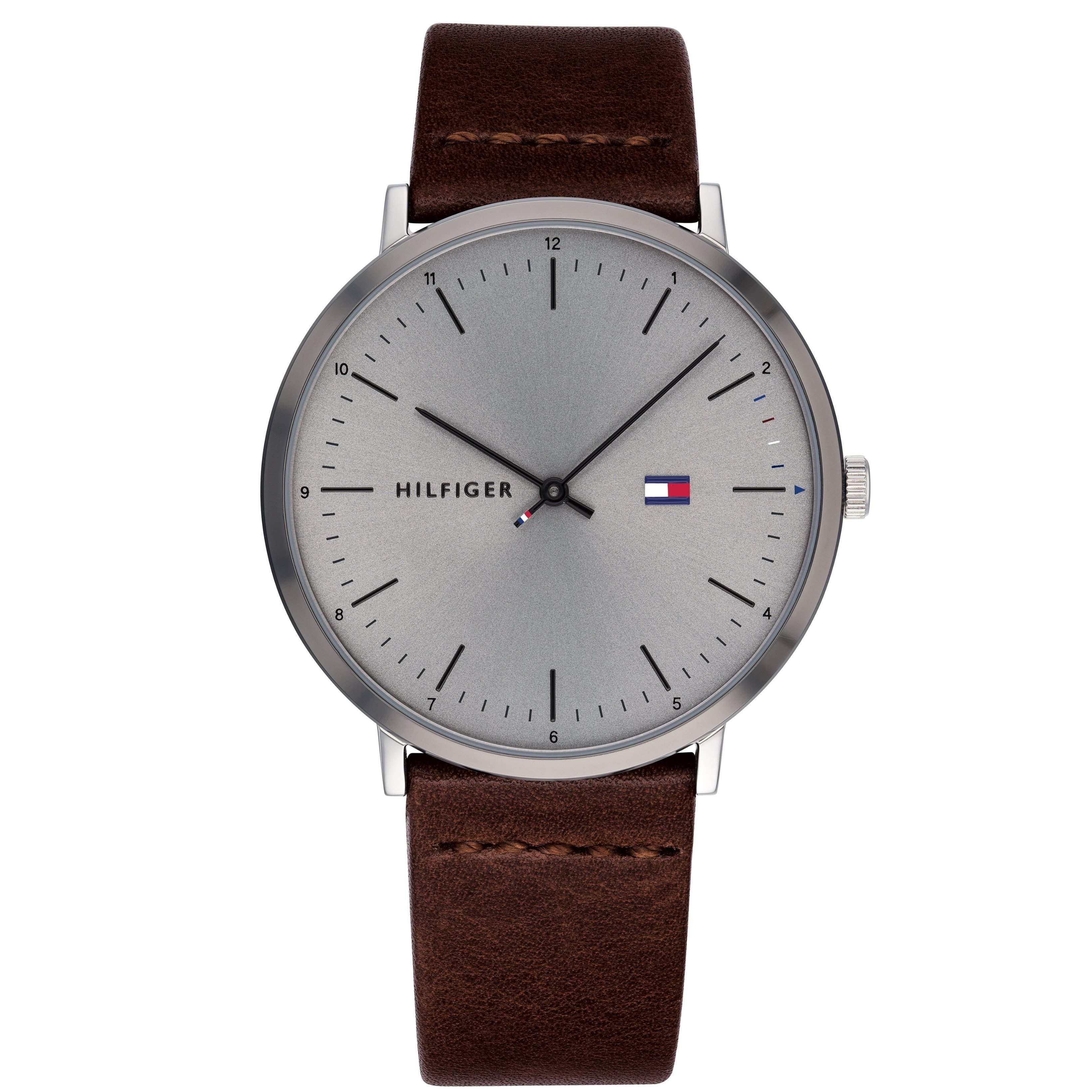 Tommy Hilfiger men's casual leather watch with gray dial and brown leather strap