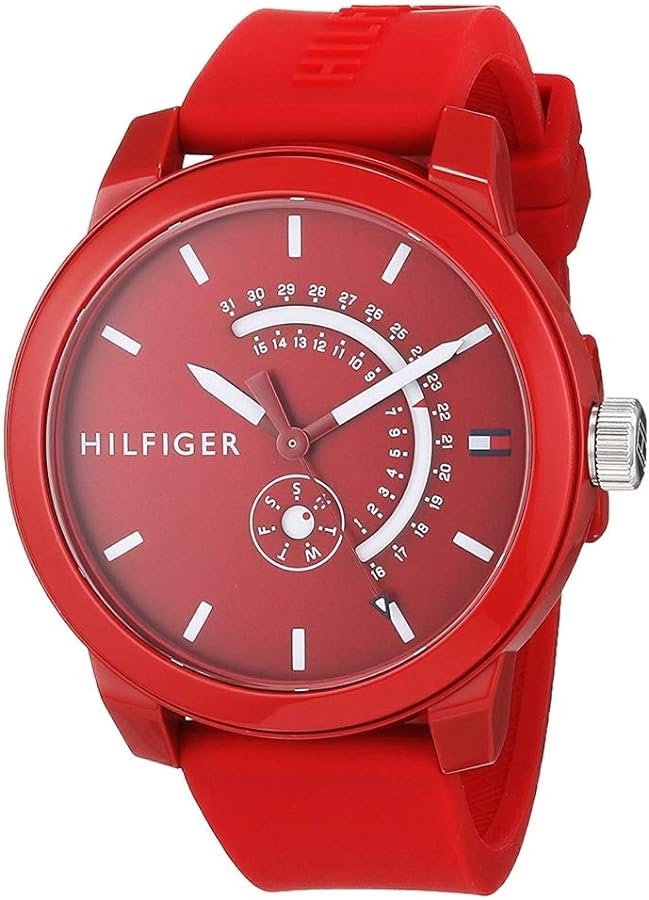 Red Tommy Hilfiger denim watch shown at angle with visible case and strap