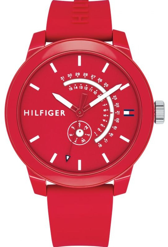 Tommy Hilfiger red dial quartz watch with denim strap and white hour markers