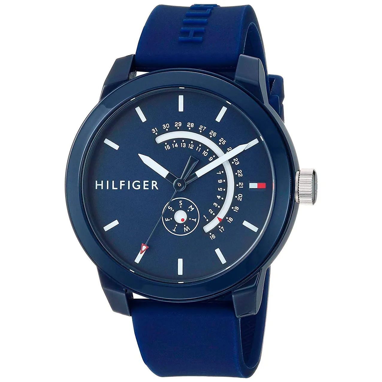 Tommy Hilfiger men's watch showing navy dial with subdials and silicone band