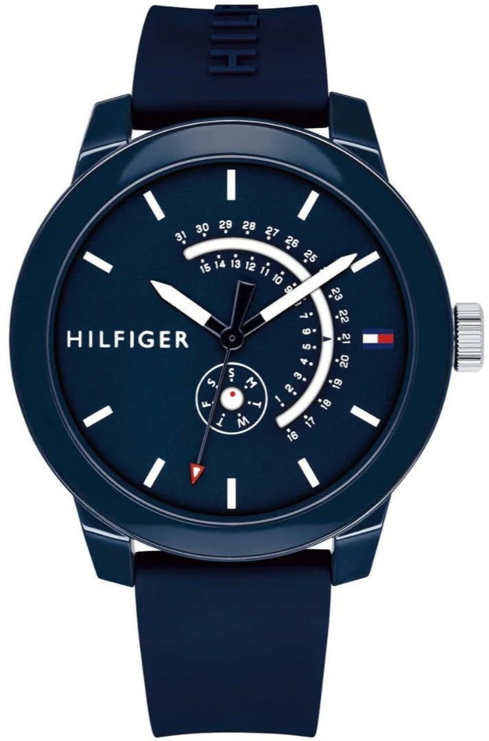 Tommy Hilfiger blue sport watch with day-date window and silicone strap