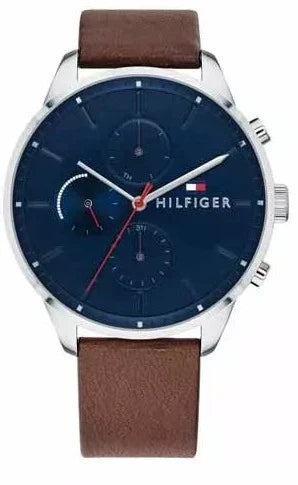 Tommy Hilfiger men's analogue quartz watch with navy dial and brown silicone strap