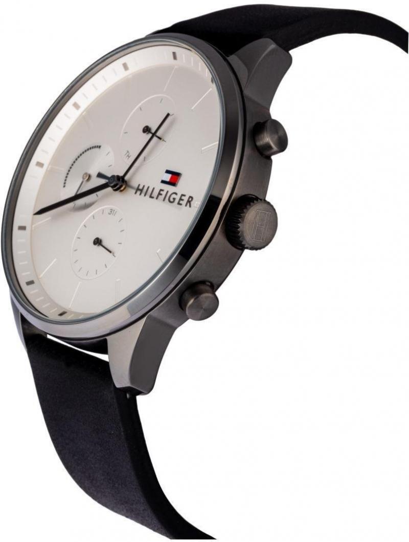 Tommy Hilfiger chronograph watch angled view showing case and black strap
