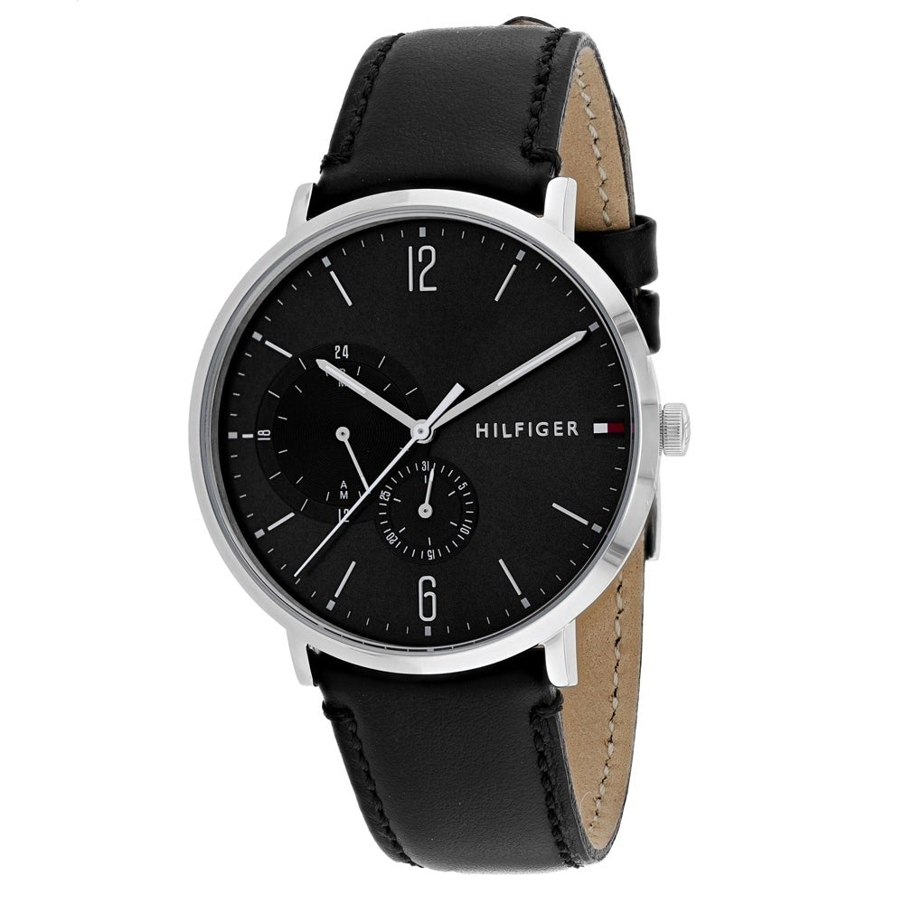 Tommy Hilfiger men's watch with black dial, silver case, black leather strap, and subdials
