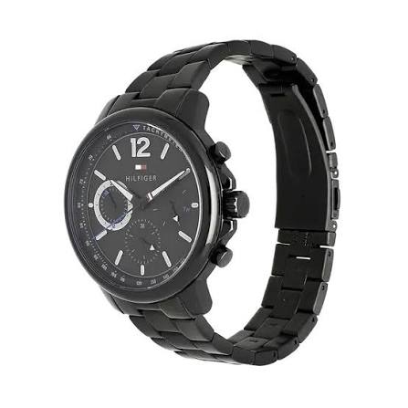 Side view of Tommy Hilfiger chronograph with black dial and link bracelet