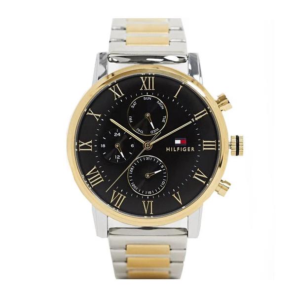 Tommy Hilfiger two-tone men's watch with black dial, Roman numerals and chronograph subdials