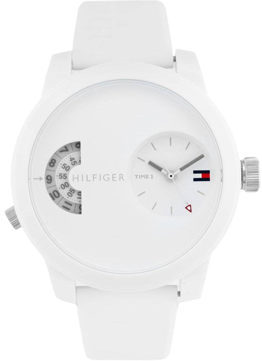 Tommy Hilfiger white dial quartz men's watch with dual-time subdials and white silicone strap