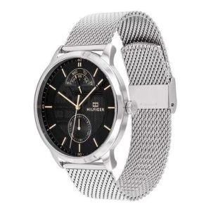 Tommy Hilfiger men's watch with black dial and mesh strap, three-quarter view