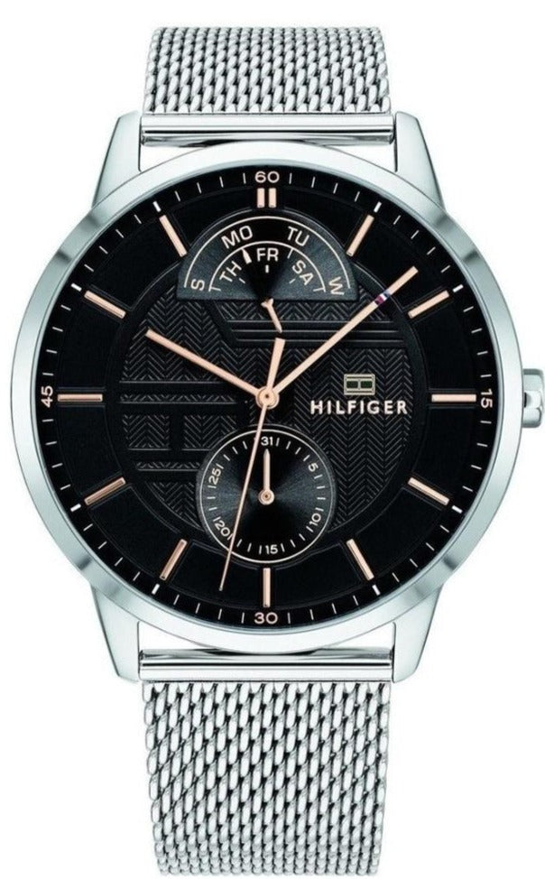 Tommy Hilfiger 44mm black dial quartz watch with stainless steel mesh strap, front view