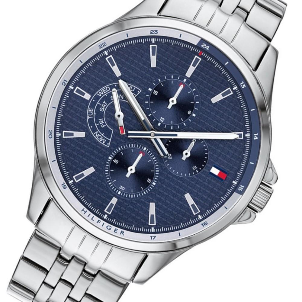 Tommy Hilfiger 1791612 multi-function watch angled view showing full dial and steel strap