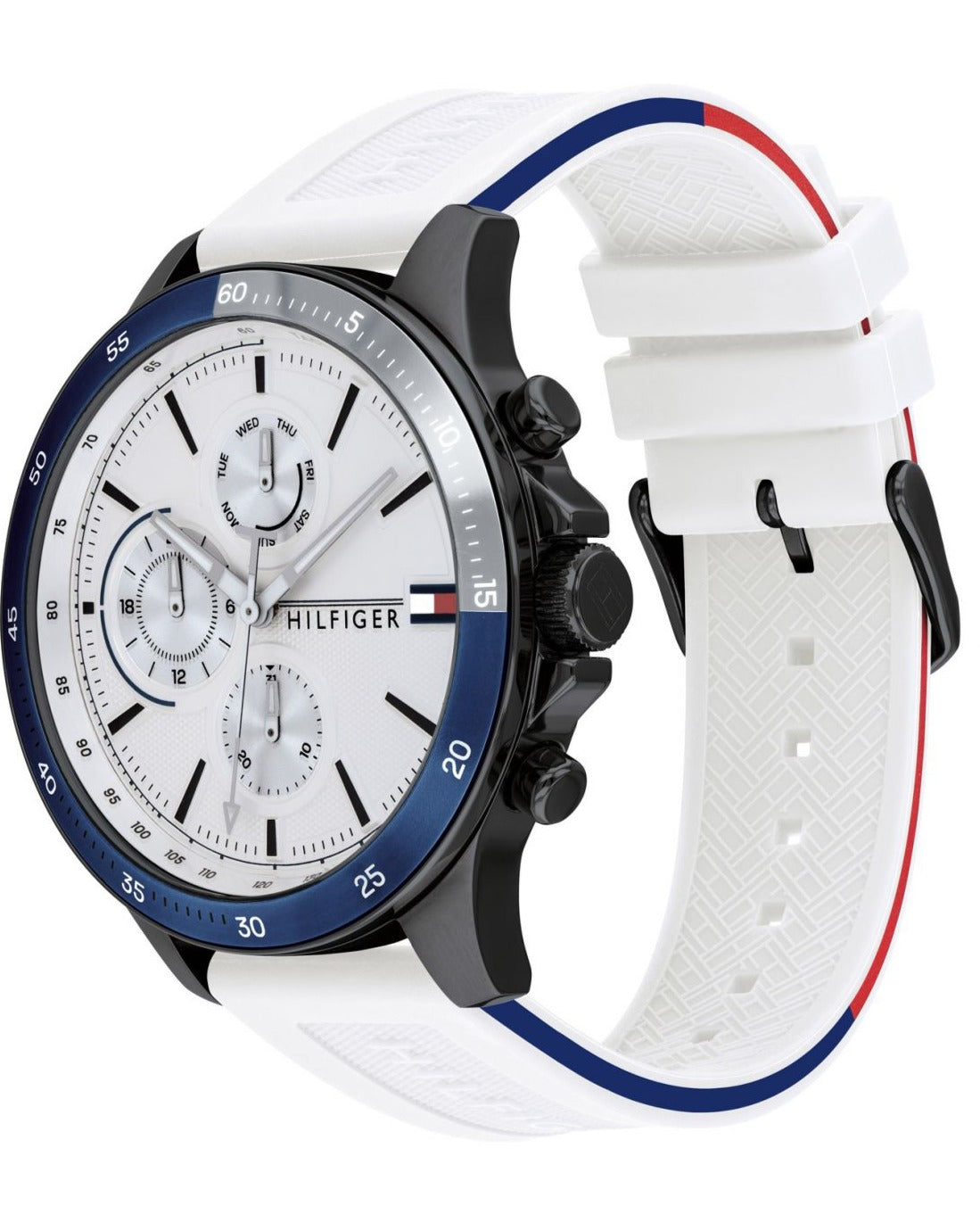 Side angle view of Tommy Hilfiger chronograph watch showing white strap with blue and red accents