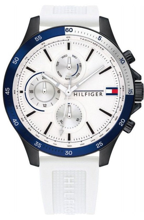Tommy Hilfiger chronograph watch with white dial and blue bezel on white silicone strap