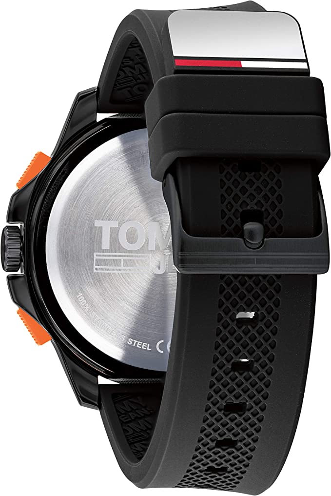 Tommy Hilfiger 1791763 caseback showing stainless steel back and black strap