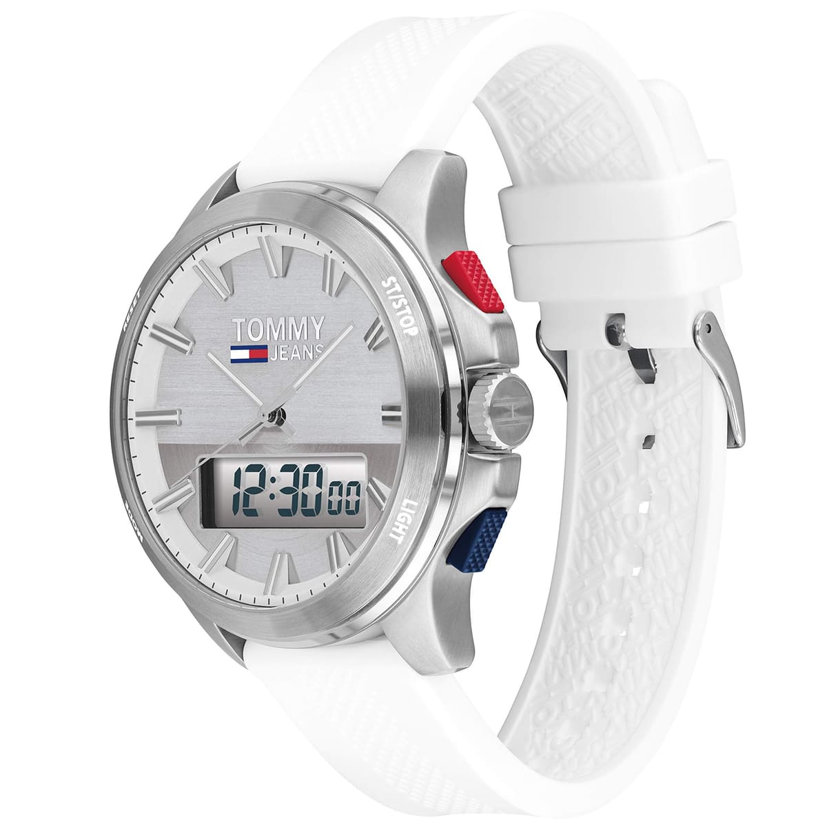 Tommy Hilfiger 46mm watch angled view showing silver case, white strap, and dual time display