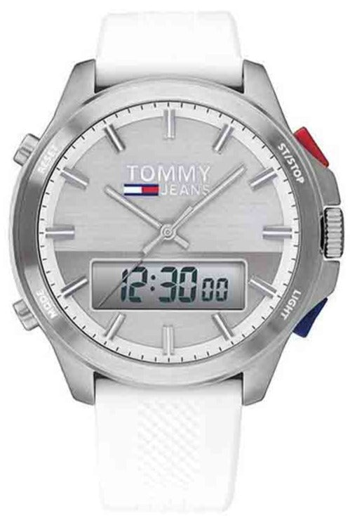 Tommy Hilfiger men's watch with silver dial, analog and digital display, white silicone strap
