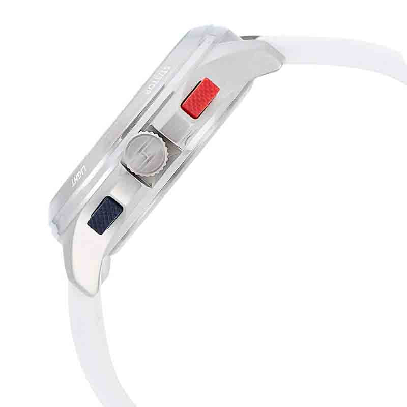 Tommy Hilfiger watch side view with red and blue pushers, white silicone strap detail