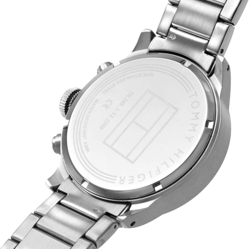 Tommy Hilfiger 1791805 caseback showing stainless steel with engraved text and specifications