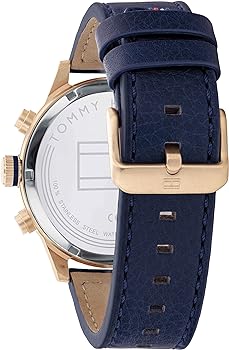 Navy leather strap detail of Tommy Hilfiger 1791808 chronograph watch