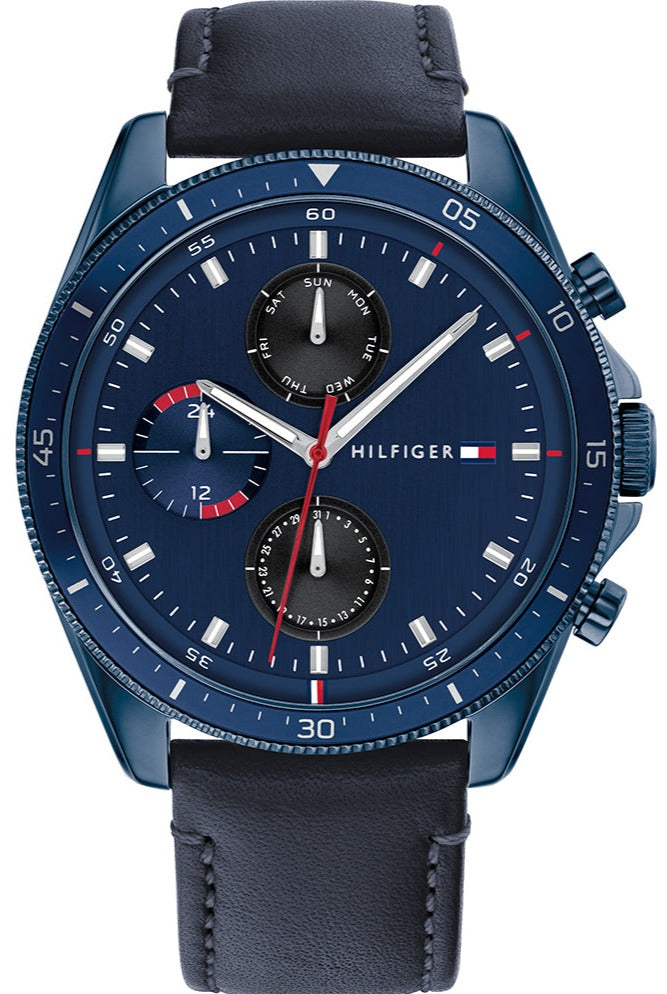 Tommy Hilfiger 1791839 blue chronograph watch with navy dial and black leather strap