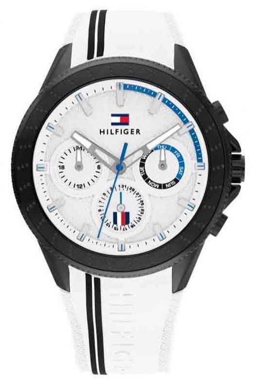 Tommy Hilfiger men's watch with white multifunction dial, black case, and white striped strap