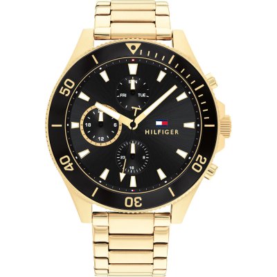 Tommy Hilfiger gold chronograph watch with black dial and gold bracelet