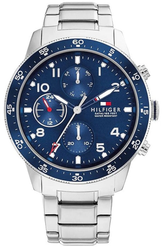 Tommy Hilfiger men's watch with blue chronograph dial and silver stainless steel bracelet