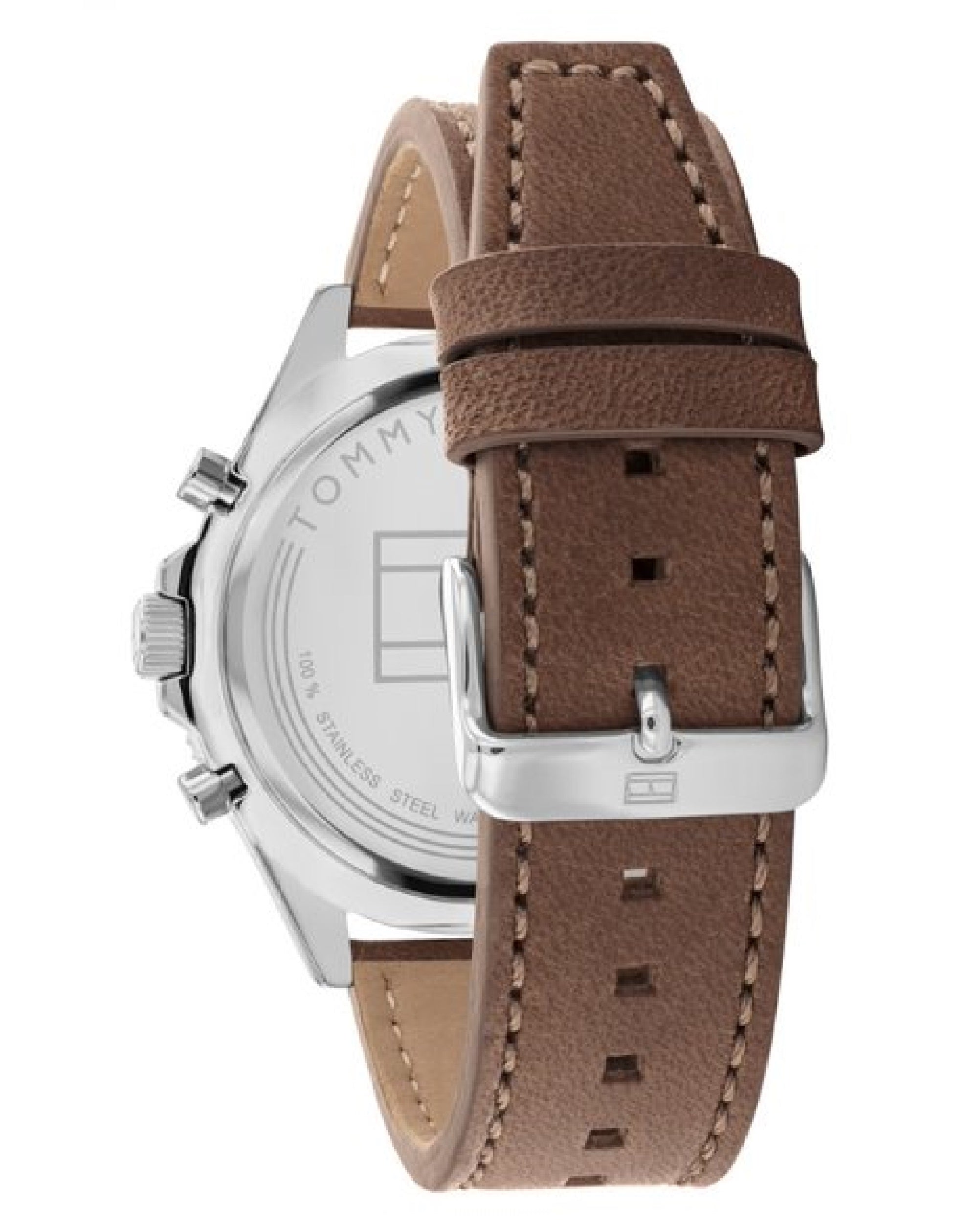 Brown leather strap with stitching detail and stainless steel buckle on Tommy Hilfiger watch