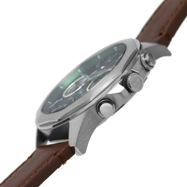 Side view of Tommy Hilfiger watch showing case profile and chronograph pushers