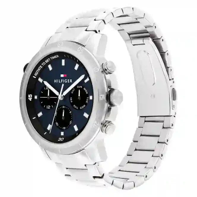 Tommy Hilfiger Troy chronograph watch shown at angle with metal bracelet