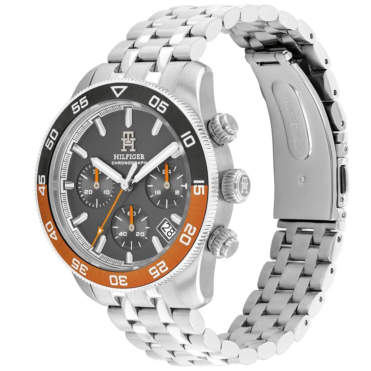 Tommy Hilfiger 1792186 chronograph watch shown at side angle with stainless steel bracelet