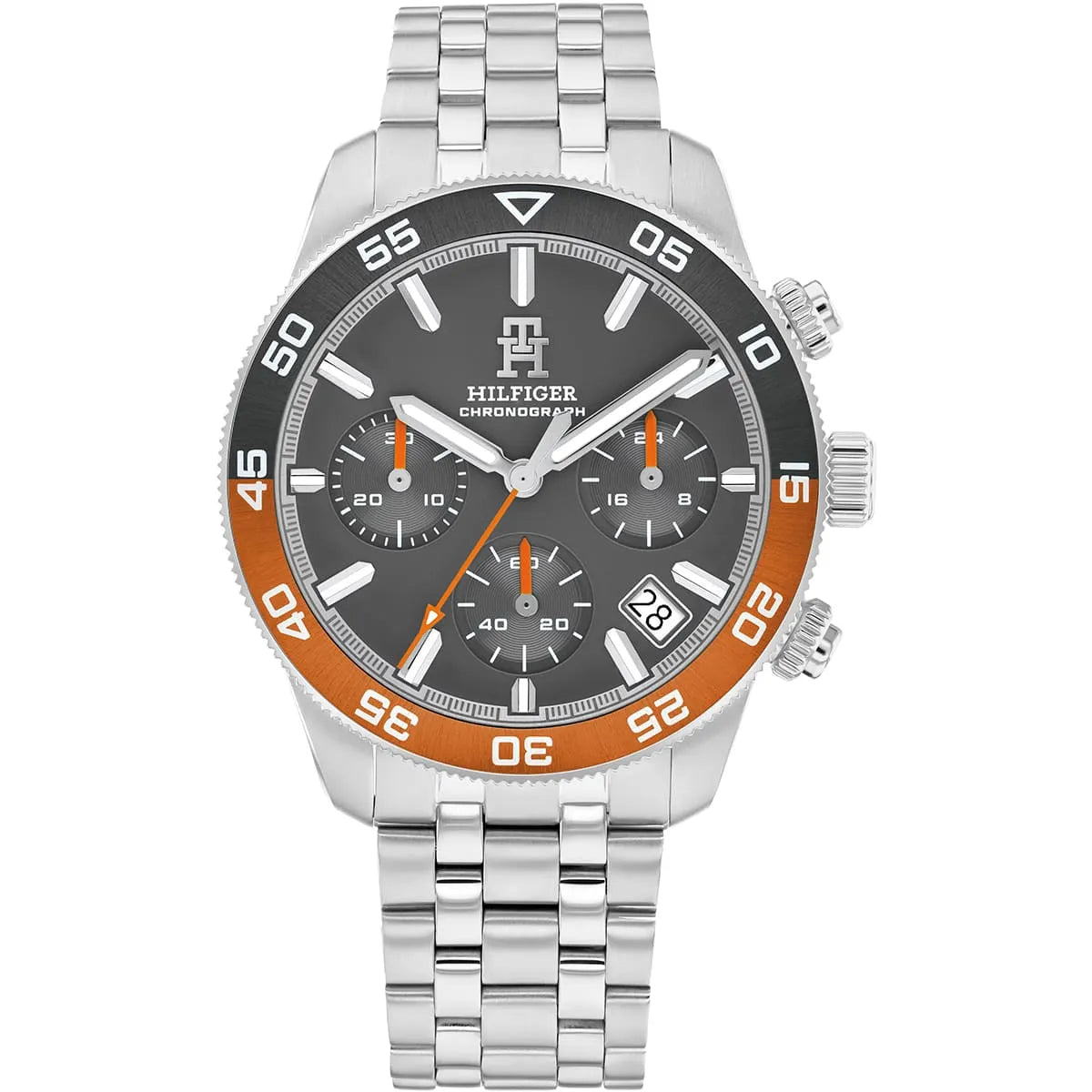 Tommy Hilfiger 1792186 chronograph watch with grey dial, orange bezel, and stainless steel bracelet
