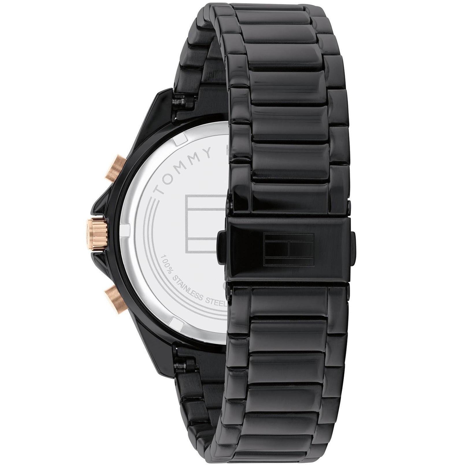 Tommy Hilfiger Aiden watch caseback showing stainless steel bracelet and Tommy Hilfiger branding