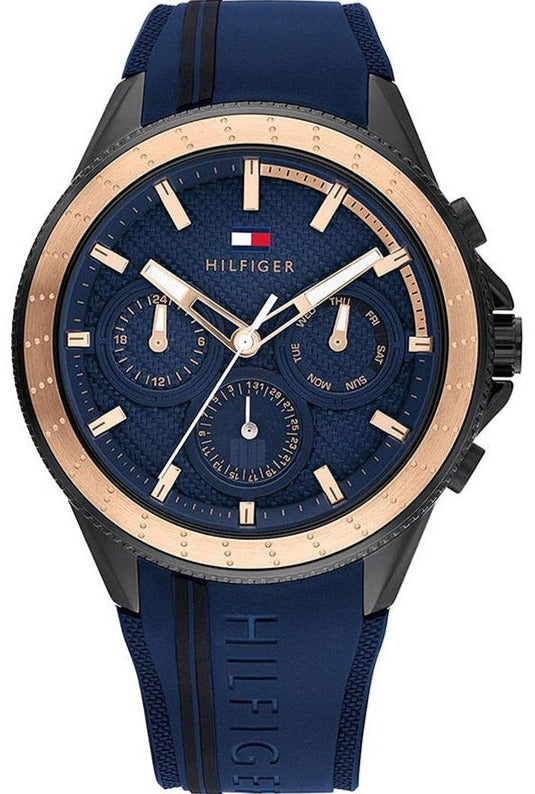 Tommy Hilfiger Aiden chronograph watch with blue dial, rose gold bezel, and blue strap