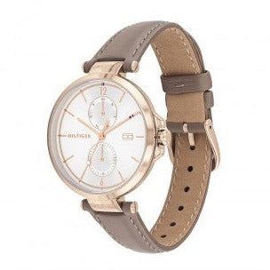 Tommy Hilfiger Angela watch displayed on wrist with brown leather strap