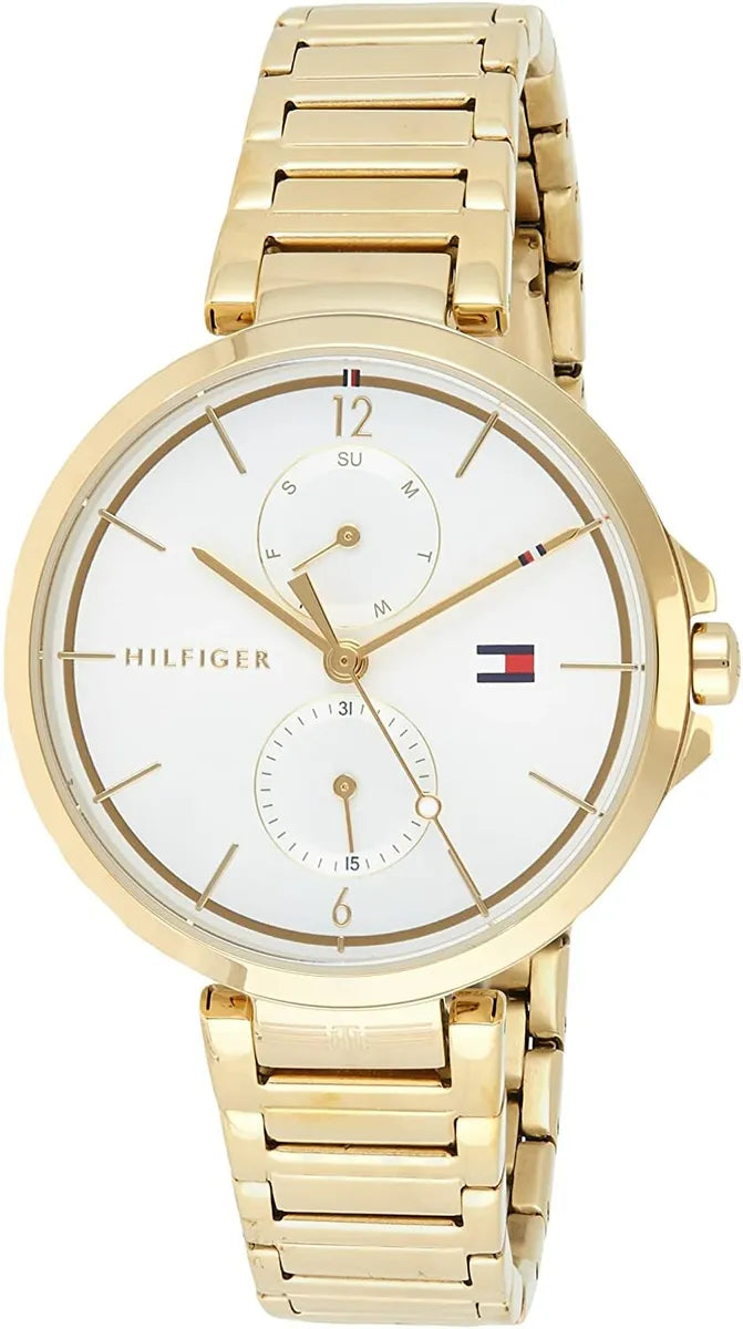 Tommy Hilfiger Angela gold steel watch with bracelet strap, side angle view