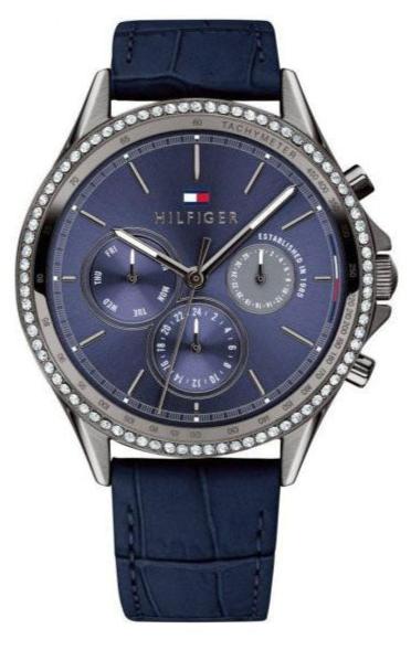 Tommy Hilfiger Ari chronograph watch with blue dial, diamond bezel, and blue leather strap