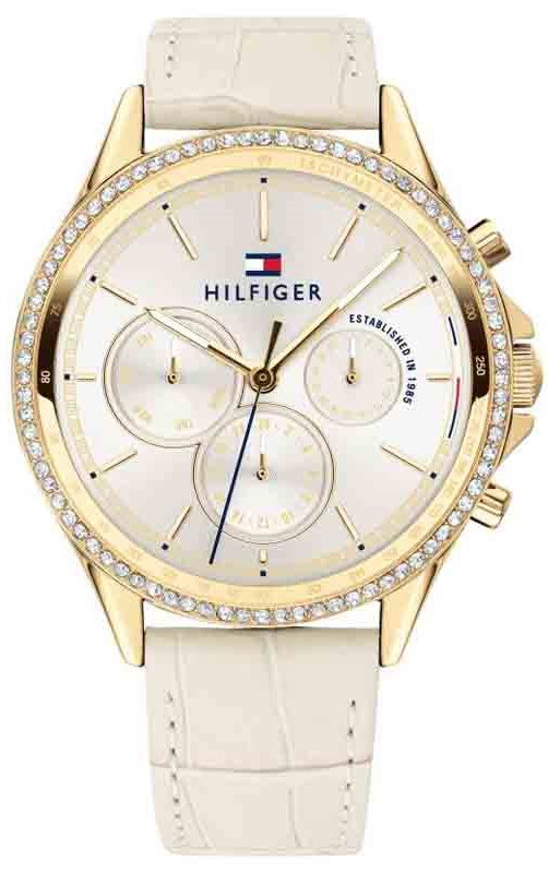 Tommy Hilfiger Ari gold-tone chronograph watch with cream leather strap and crystal bezel