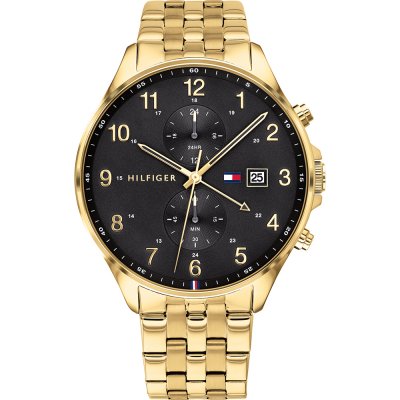 Tommy Hilfiger Austin gold men's watch with black dial and gold bracelet, front view