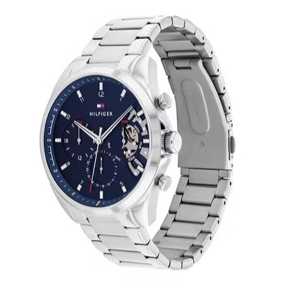 Tommy Hilfiger Baker multifunction watch angled view with navy dial and steel bracelet