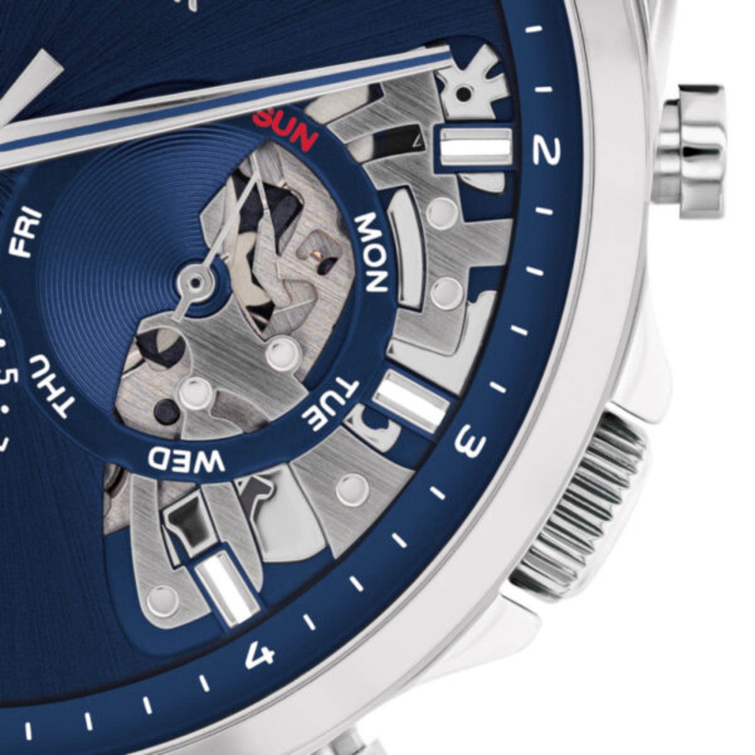 Close-up of open heart dial window showing automatic movement on Tommy Hilfiger Baker