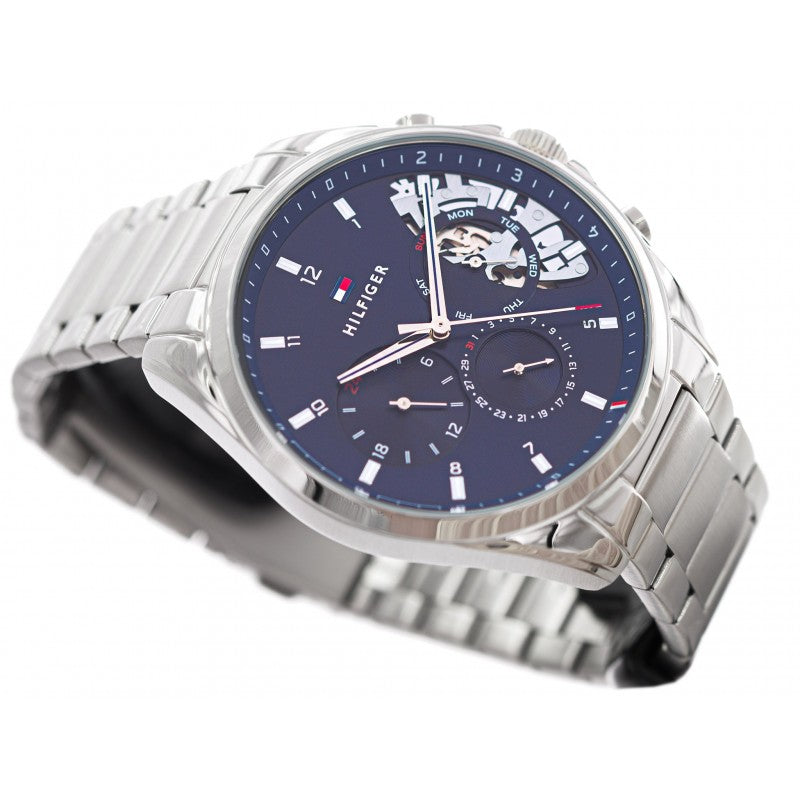 Tommy Hilfiger Baker navy multifunction watch angled product shot with visible bracelet