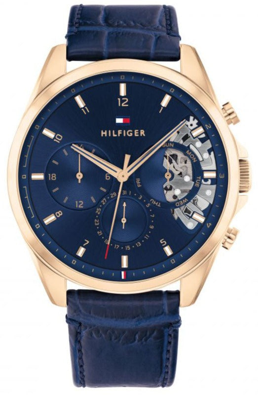 Tommy Hilfiger Baker multifunction watch with blue dial and rose gold case