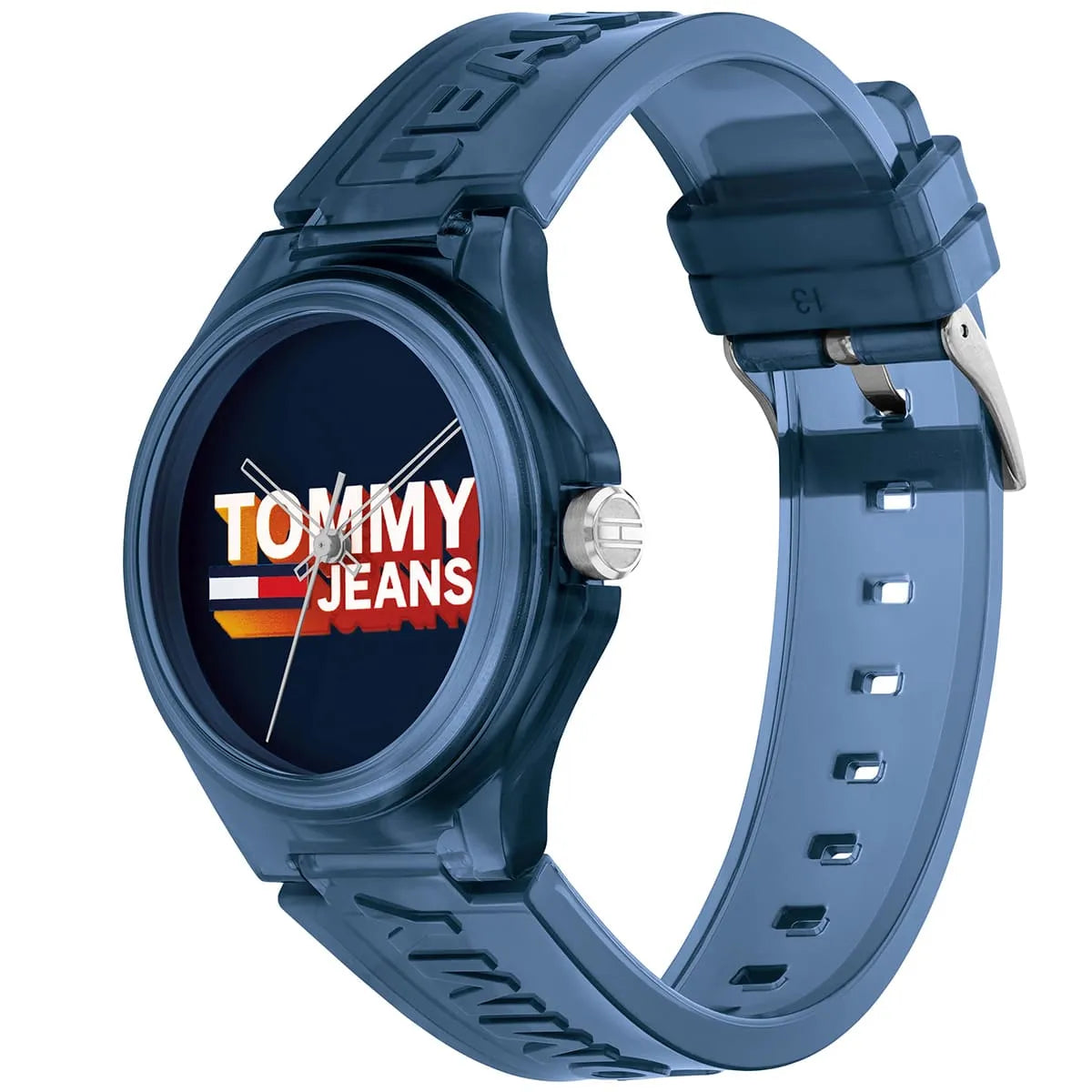 Tommy Hilfiger Berlin watch angled view showing blue rubber strap with text detailing