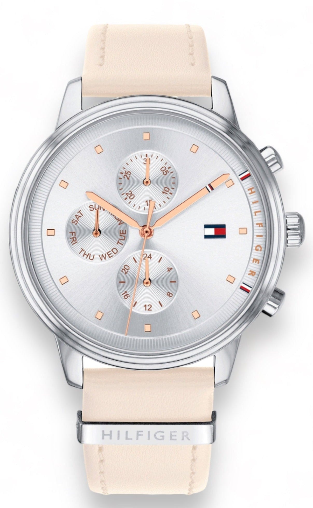 Tommy Hilfiger Blake chronograph women's watch with silver dial, rose gold hands, and pink leather strap
