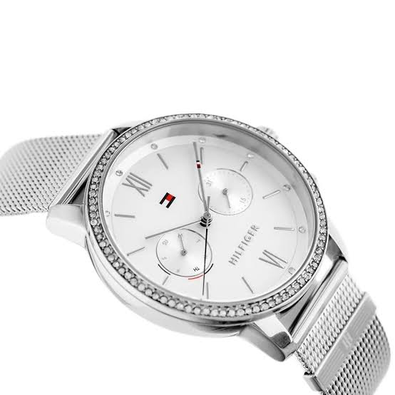 Tommy Hilfiger Blake chronograph watch with silver mesh strap and diamond-accented bezel