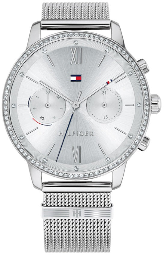 Tommy Hilfiger Blake women's silver chronograph watch with white dial and mesh strap